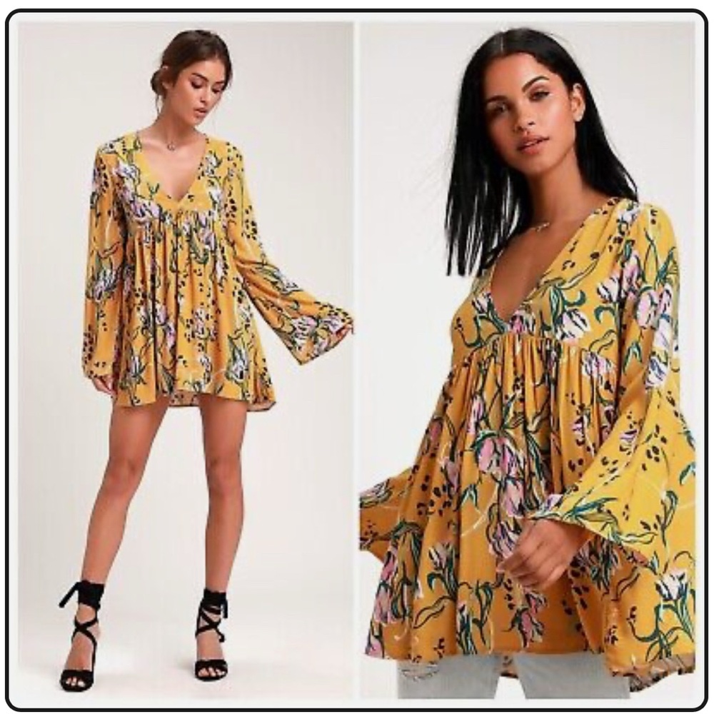 Free People Bella Floral Print Empire Tunic Top Golden Yellow Boho